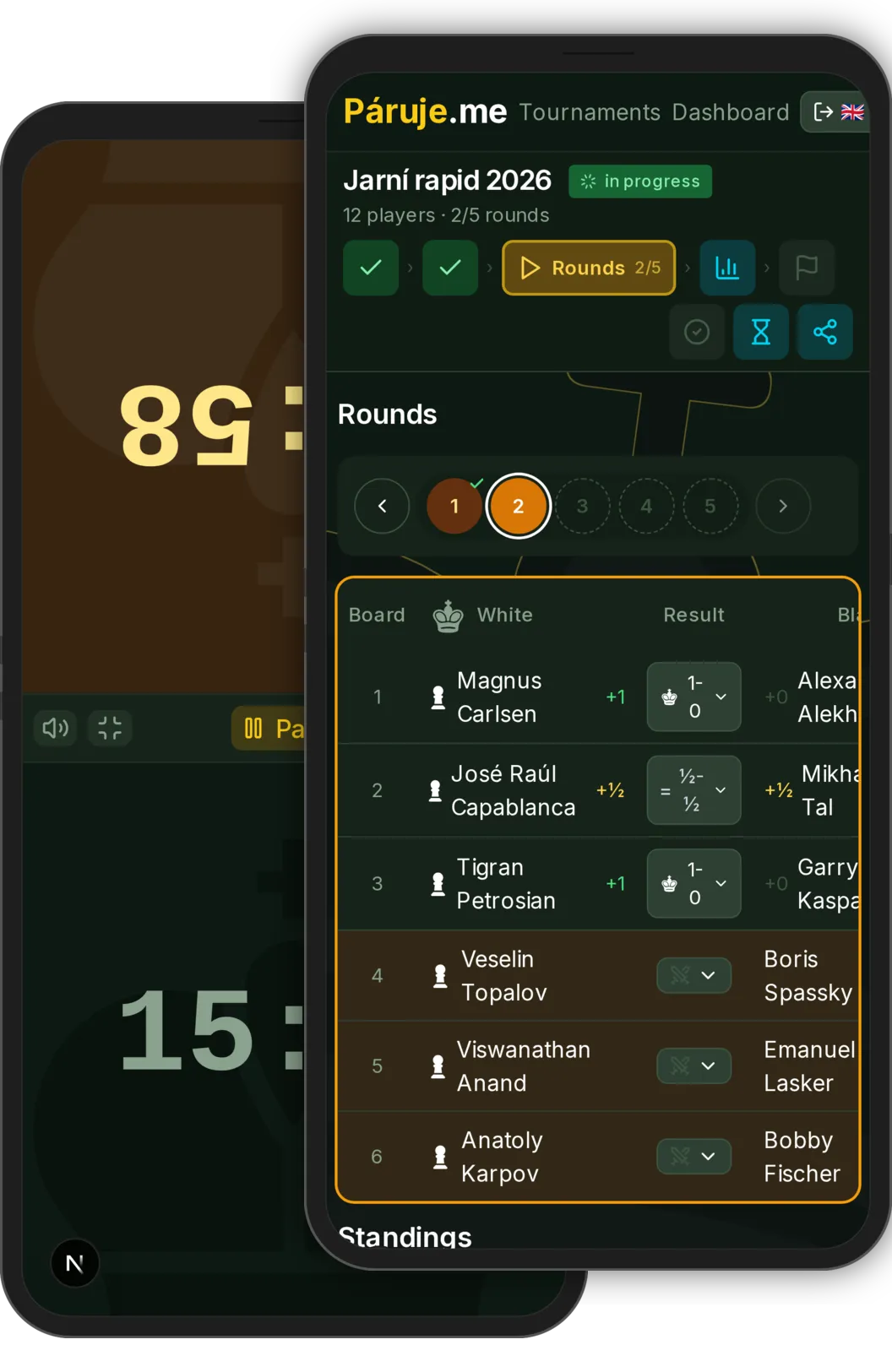 Tournament page on mobile device
